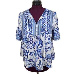 Women's C+D+M Blue Floral Short Sleeve Blouse | Size Large